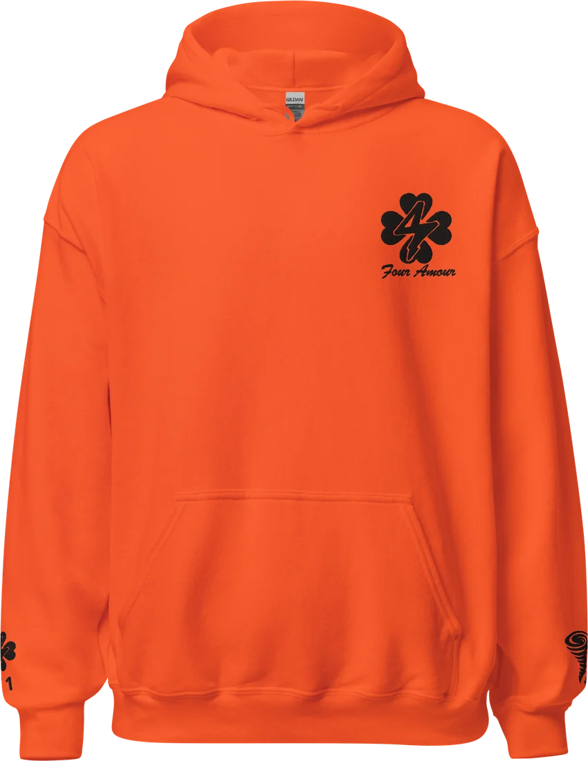 The Legacy Hoodie, Scholarship Edition, in orange: front view with a clover logo on the chest