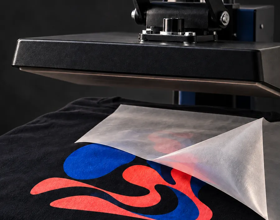 A heat press above a shirt as the transfer film is peeled from a fresh print