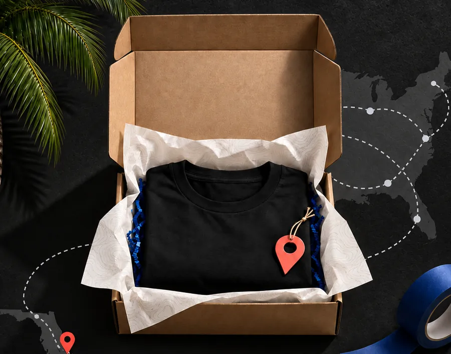 A folded black tee packed in a shipping box