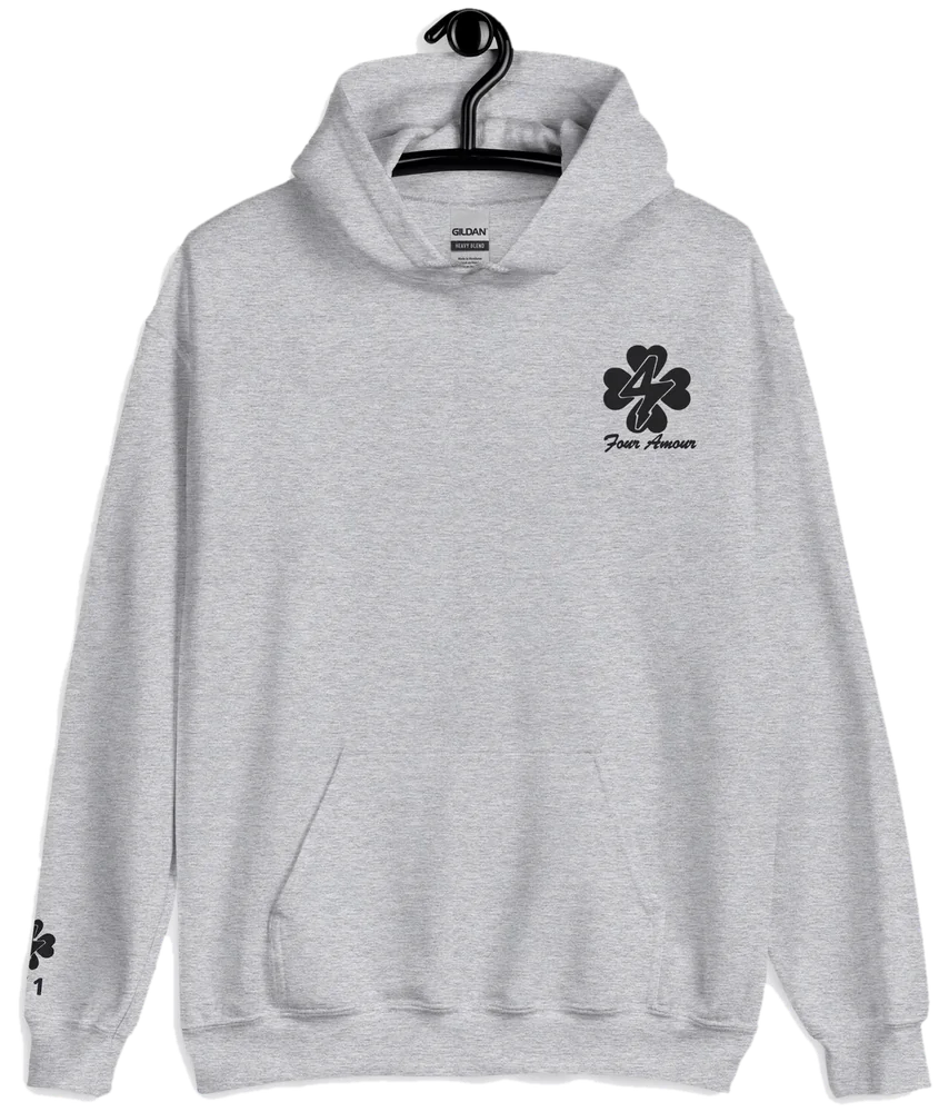 Phase IV Hoodie in Concrete Calm gray: front view with a clover logo on the chest