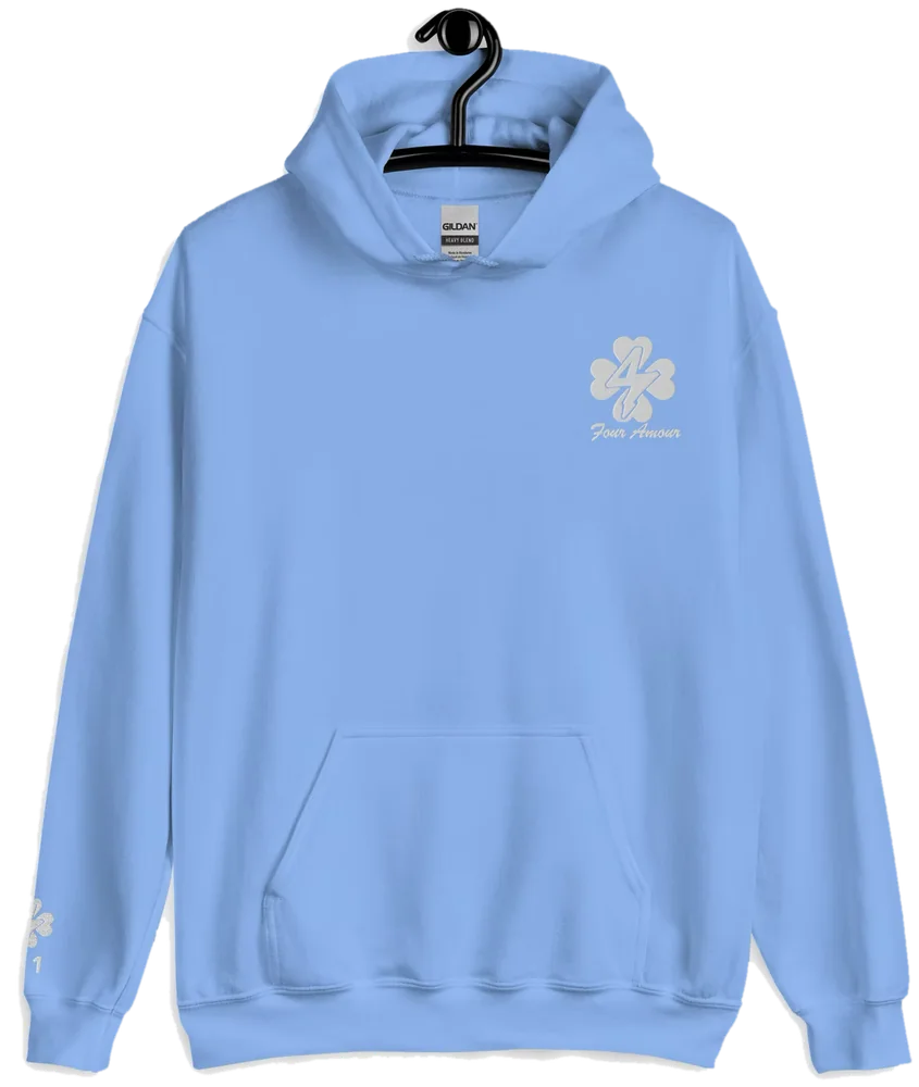 Phase IV Hoodie in Ether Blue: front view with a clover logo on the chest