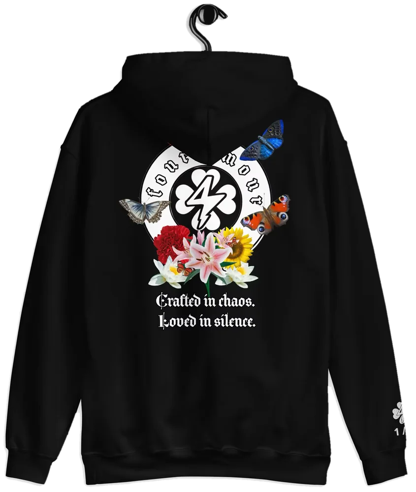 Phase IV Hoodie in Nightfall black: back view with the Crafted in chaos butterfly and flower print