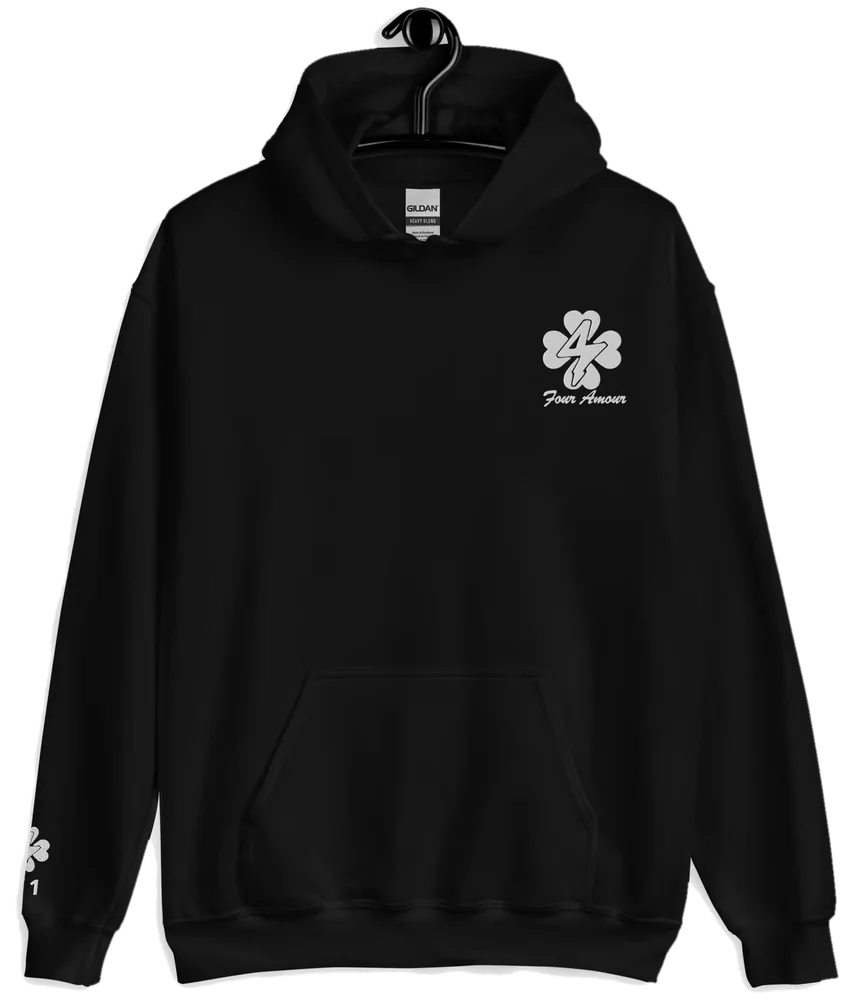 Phase IV Hoodie in Nightfall black: front view with a clover logo on the chest